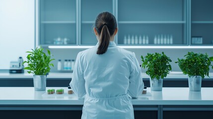 A scientist in a sleek lab analyzing food samples, natural light streaming through a window, medium shot