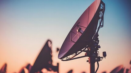 Earth receiving station in a remote desert location, where satellite signals are decoded and transmitted to control centers. The scene symbolizes global connectivity and the seamless flow of informati