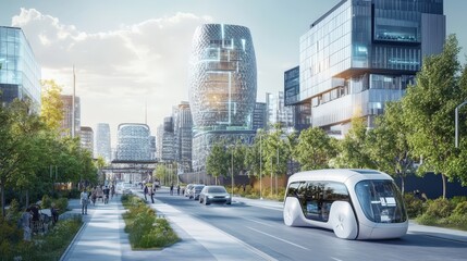 Poster - A depiction of a future cityscape, showing a harmonious blend of advanced technology, sustainable architecture, and green spaces.