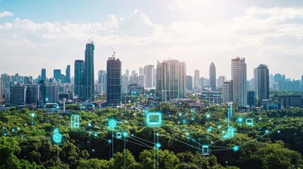 Poster - A depiction of a future cityscape, showing a harmonious blend of advanced technology, sustainable architecture, and green spaces.