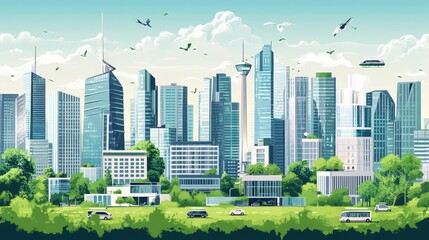Poster - A depiction of a future cityscape, showing a harmonious blend of advanced technology, sustainable architecture, and green spaces.
