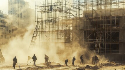 Poster - A dusty construction site where workers are busy setting up scaffolding.