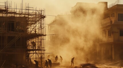 Poster - A dusty construction site where workers are busy setting up scaffolding.