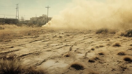 Poster - A dusty field on the outskirts of a city, with tumbleweeds rolling across the ground. The dry earth cracks under the sun,