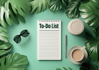 Poster - A serene workspace featuring a to-do list pad, a cup, a pen, and glasses surrounded by lush green leaves on a soothing teal background.