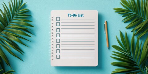 Poster - A clean, organized to-do list on a textured surface, surrounded by green leaves and a pen, ideal for planning and productivity.