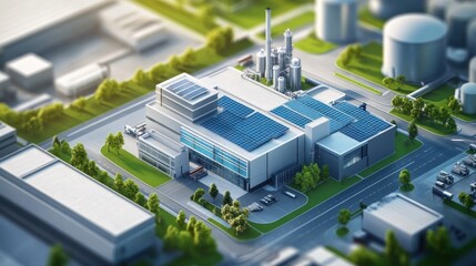 Wall Mural - High-angle aerial shot of a modern, high-tech production facility with sleek architecture, solar panels on rooftops, and automated machinery visible through large windows. The clean