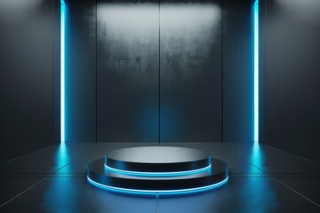 Wall Mural - Multi-tiered black podium illuminated with neon blue accents, set in a dark, modern room with vertical light panels. Ideal for tech product showcases and futuristic displays