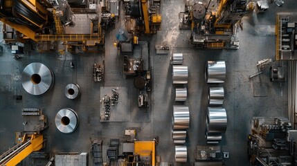 Canvas Print - Overhead panoramic view of a stainless steel production line, where machinery in the top section handles the cutting and welding of steel