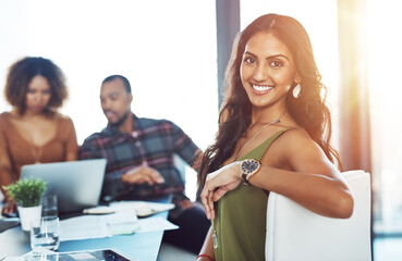 Poster - Confidence, portrait and happy woman in creative meeting with smile, business plan and diversity in office. Happy, professional and businesswoman in conference room with design team at digital agency