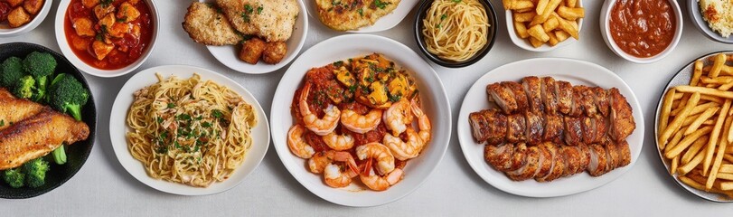 A table full of food including pasta, shrimp, chicken, and french fries. The table is set for a large group of people to enjoy a meal together