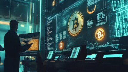 Poster - a financial advisor explaining cryptocurrency investments to a group of interested individuals.