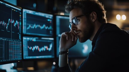 Poster - a financial analyst in an office, examining reports on the effects of tariff walls on the stock mark