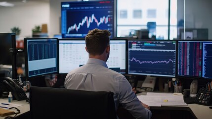 Poster - a financial analyst in an office, examining reports on the effects of tariff walls on the stock mark