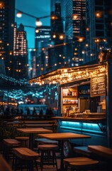 A food truck is parked in front of a restaurant with a neon sign. The food truck is open and has a menu board. The restaurant has tables and chairs outside, and there are people sitting at the tables