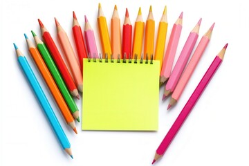 A striking top view of an array of colorful wooden pencils and stickers.