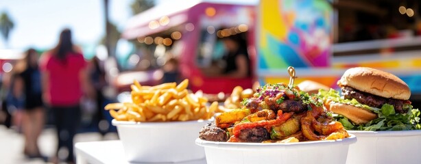 Wall Mural - A food truck is parked in front of a crowd of people. The food truck is selling a variety of food, including a burger and fries