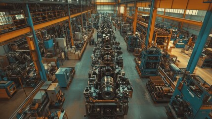 Wall Mural - panoramic shot of a bustling engine production line, where automated machines in the top section are