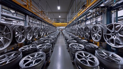 Canvas Print - Panoramic view of an alloy wheel production plant, with machines in the upper section molding and polishing wheels