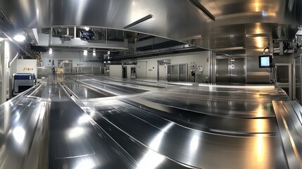 Canvas Print - Panoramic view of a stainless steel production area, with conveyor belts and robotic equipment in the top section. The center displays stainless steel sheets and plates