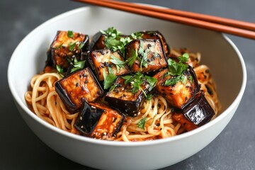 Wall Mural - A bowl of noodles with meat and vegetables. The bowl is white and the noodles are long. The meat is cut into small pieces and the vegetables are chopped. The bowl is topped with a garnish of parsley