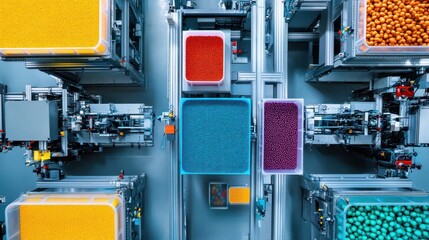 Canvas Print - Top-down view of a manufacturing facility for plastics, where colorful plastic pellets in transparent containers are positioned around shiny