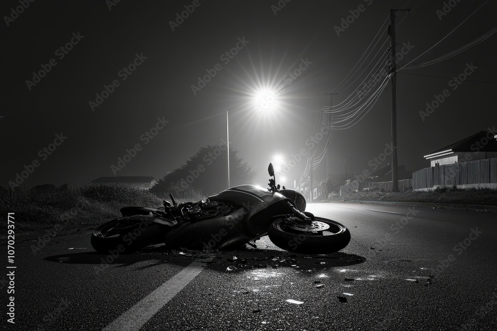 A motorcycle lies on its side on an empty road at night, with shattered parts scattered around. Streetlights cast a glow over the area, highlighting the quiet surroundings.