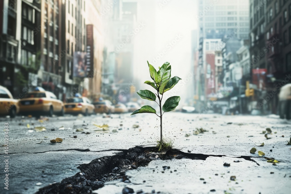 A small green plant emerges from a crack in the concrete pavement, showcasing natures resilience amidst the busy city life. Urban buildings and vehicles create a backdrop for this scene.