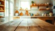 © Ole Studio - A Rustic Wooden Tabletop in a Kitchen with a Blurred Background of Wooden Shelves and a Sink