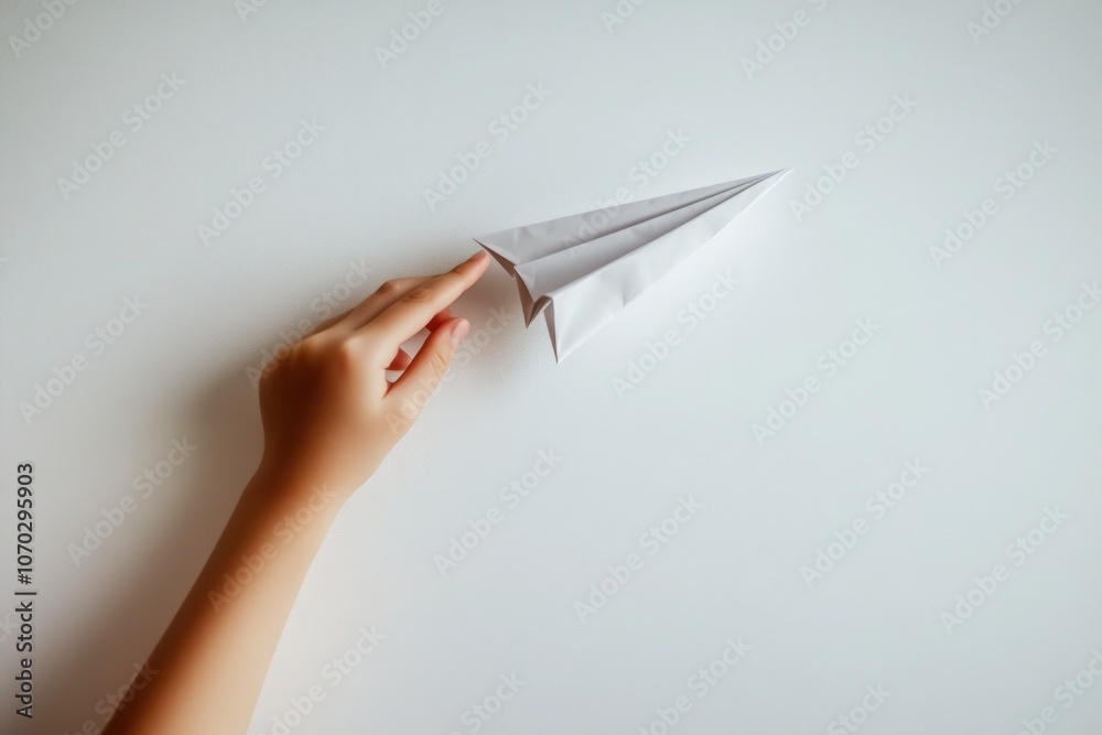 A hand gently holds a paper airplane, highlighting a small tear in its structure. The airplane rests on a flat surface, emphasizing the delicate nature of this childhood craft.
