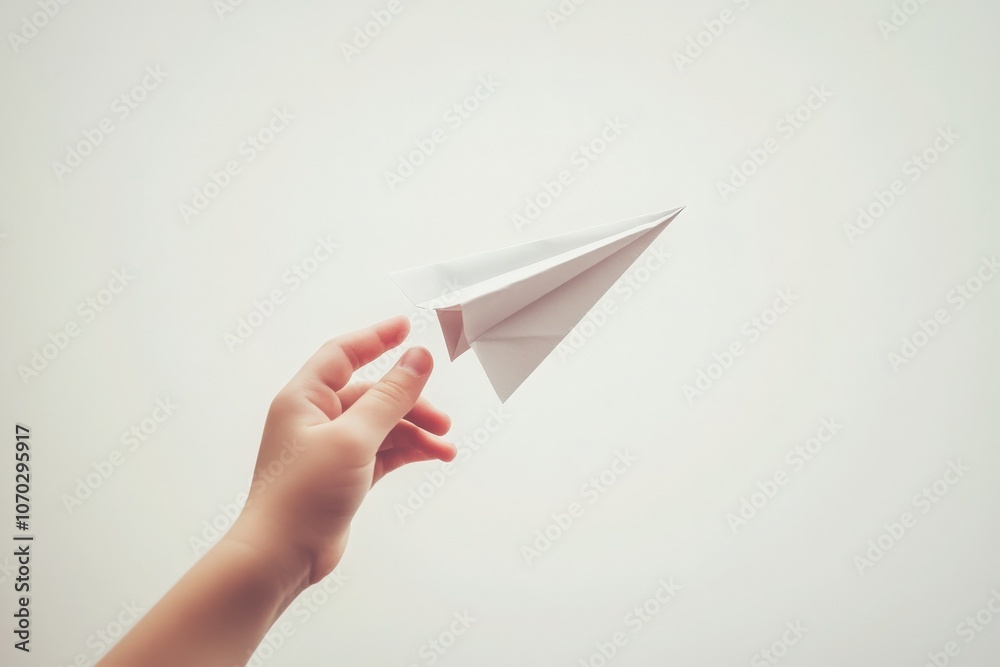 A hand is grasping a simple paper airplane, which shows a small tear, against a plain background. This moment captures the fragility and creativity of childhood playtime.