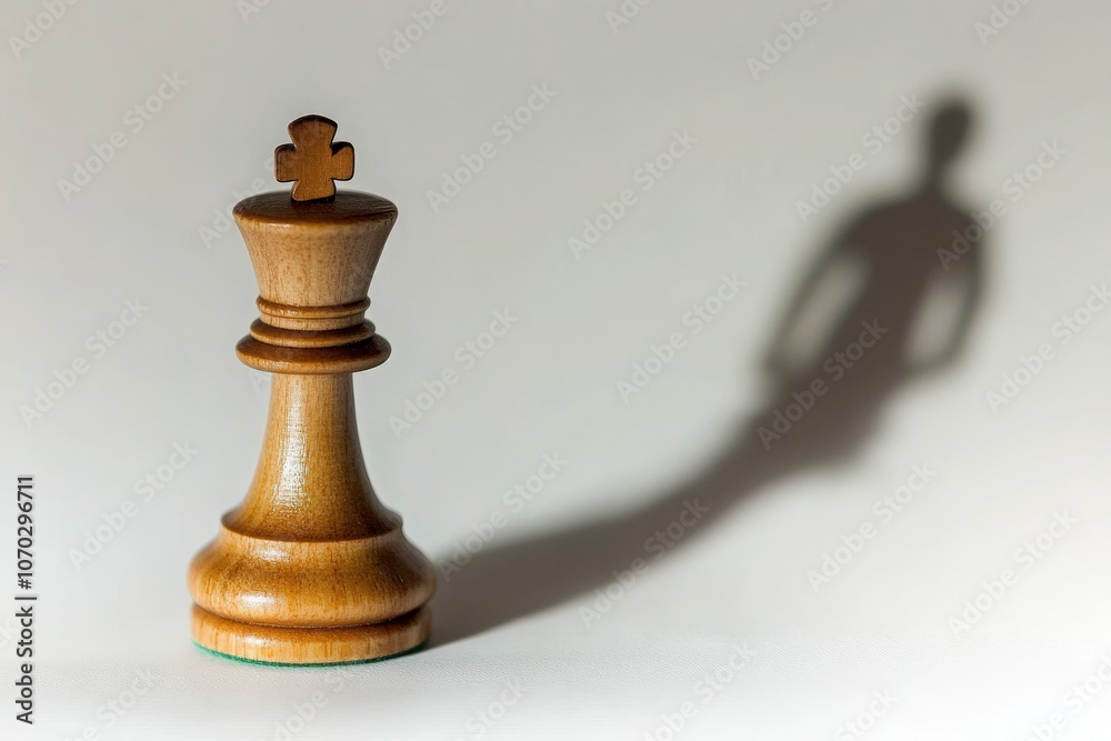 A wooden king chess piece lies on its side, creating a prominent shadow against a softly lit background.