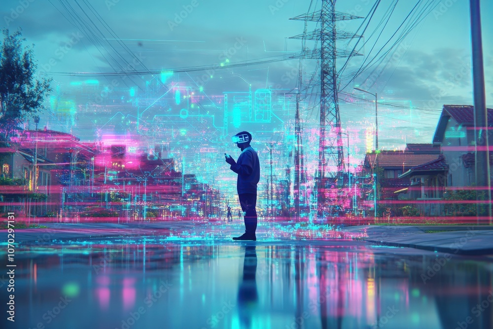 A technician stands in an urban area, wearing augmented reality glasses.