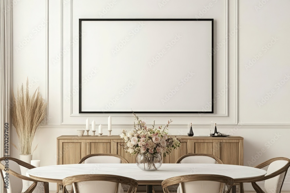 A sleek black rectangular frame is positioned on a light wall in a refined dining space. The table is elegantly set with a floral arrangement and decorative items, creating a chic atmosphere.