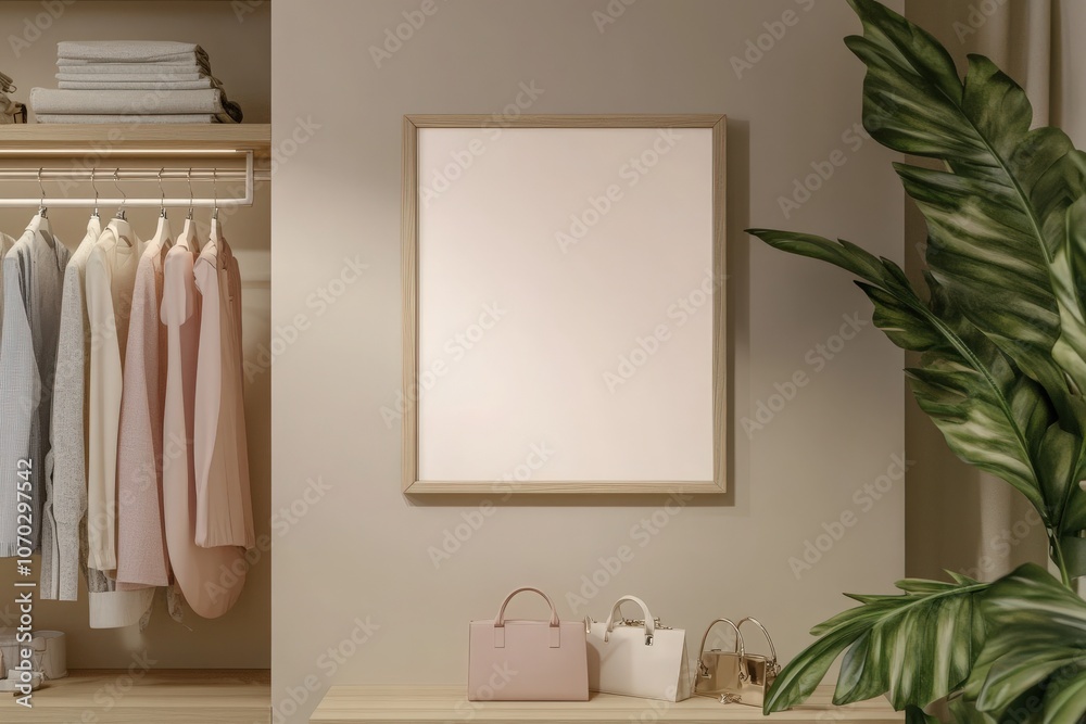 An empty rectangular oak frame mockup is prominently placed on a modern wall, showcasing an elegant design. It adds a touch of style to the clean, organized space filled with soft colors.