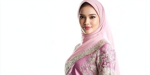 Beautiful Caucasian female model in Baju Kurung (Malay traditional dress) isolated against a white background. Asian female attire for Eid ul Fitr celebration or formal occasions.