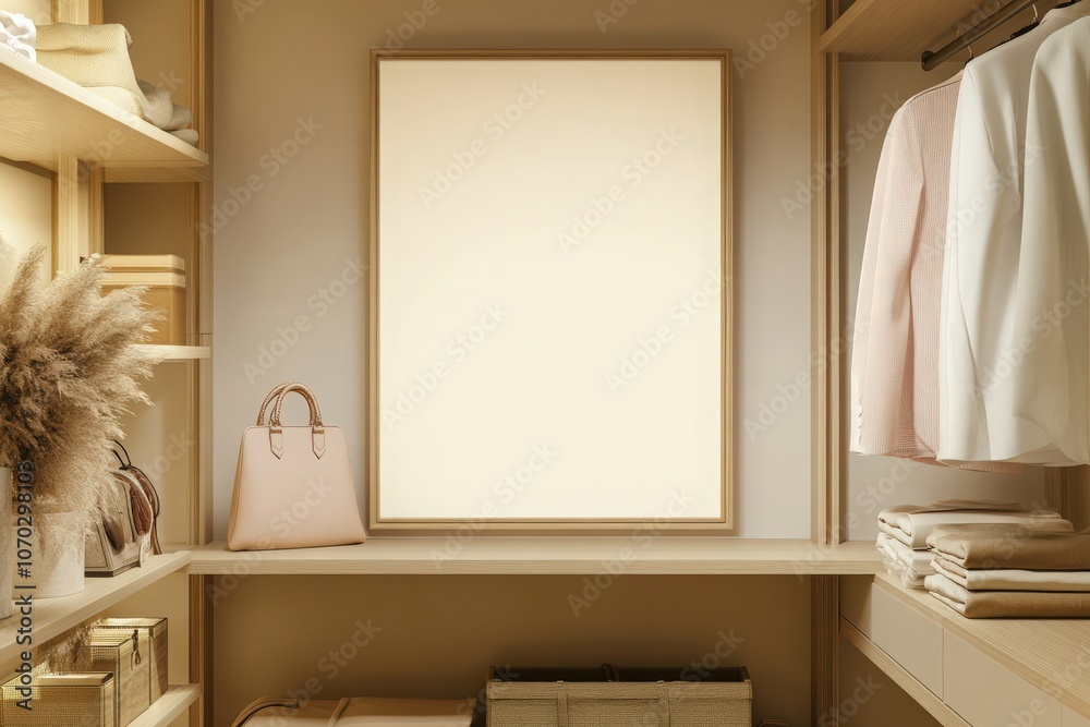 An empty rectangular oak frame is displayed prominently on a wall within a stylish, minimalist closet.