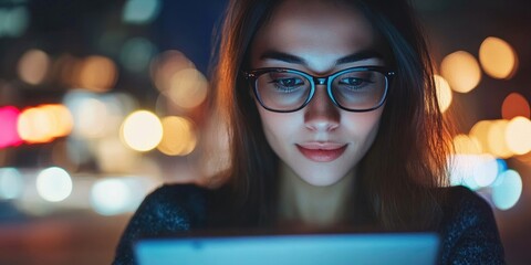 Leinwandbilder - Horizontal medium portrait of a young businesswoman in eyeglasses working on a tablet computer.