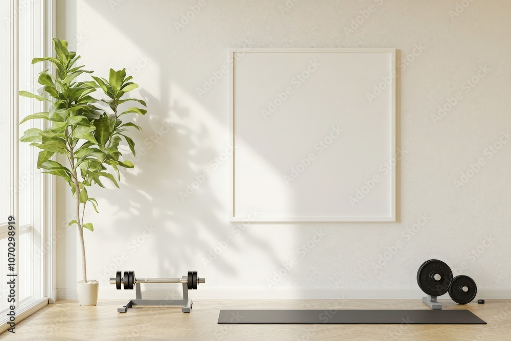 The bright fitness room showcases a large empty square frame on the wall, complemented by a yoga mat, dumbbells, and a potted plant, creating a serene workout environment.