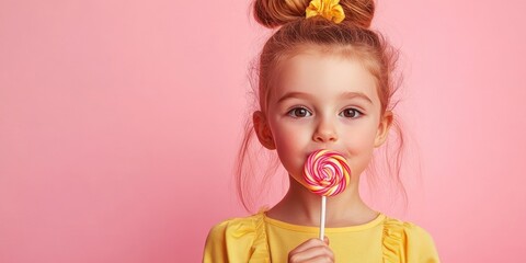 Poster - Portrait of an adorable girl licking a lollipop against a pink background, with space for text.