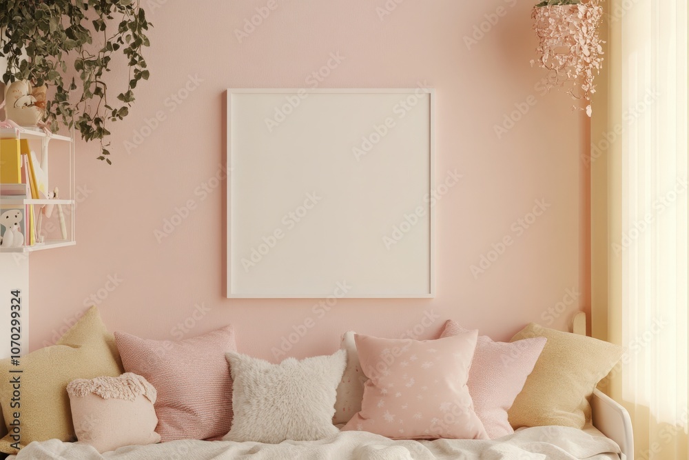 A blank square white frame is positioned on a soft pink wall, creating a minimalistic focal point above a plush sofa adorned with various decorative pillows, showcasing a calm and inviting atmosphere.
