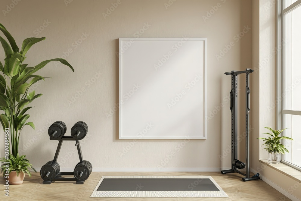 A blank white frame is displayed on a light-colored wall in a gym setting. Fitness equipment, including a weight rack, dumbbells, and a yoga mat, complements the space.