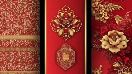 A red and gold floral design with a gold border