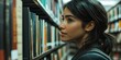 © HN Works - A close-up of a professional woman looking for a book or folder on the shelves in a library, with copy space.