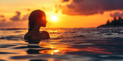 Poster - Woman in shallow water at sunset