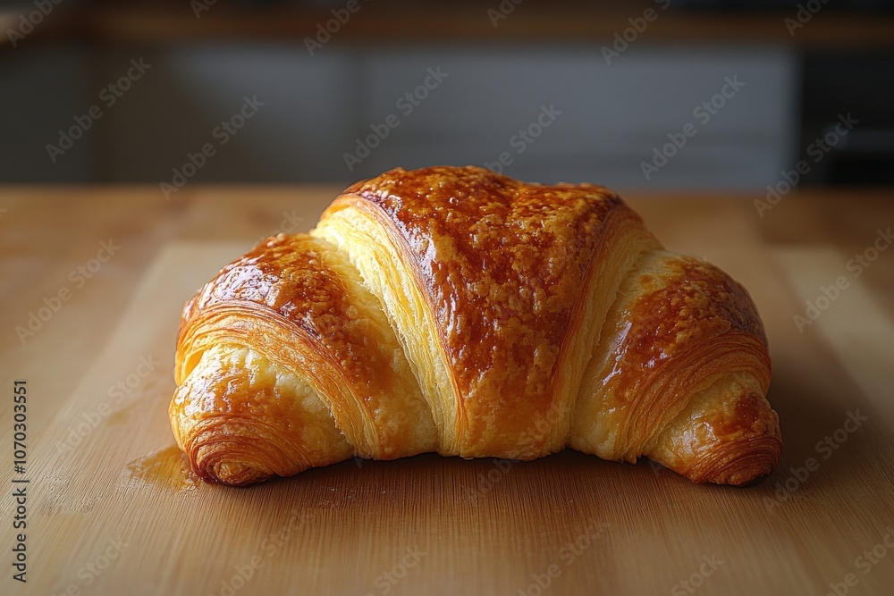 A golden brown croissant rests on a wooden board in a warm kitchen, showcasing its flaky layers and inviting texture, perfect for a delightful breakfast treat.