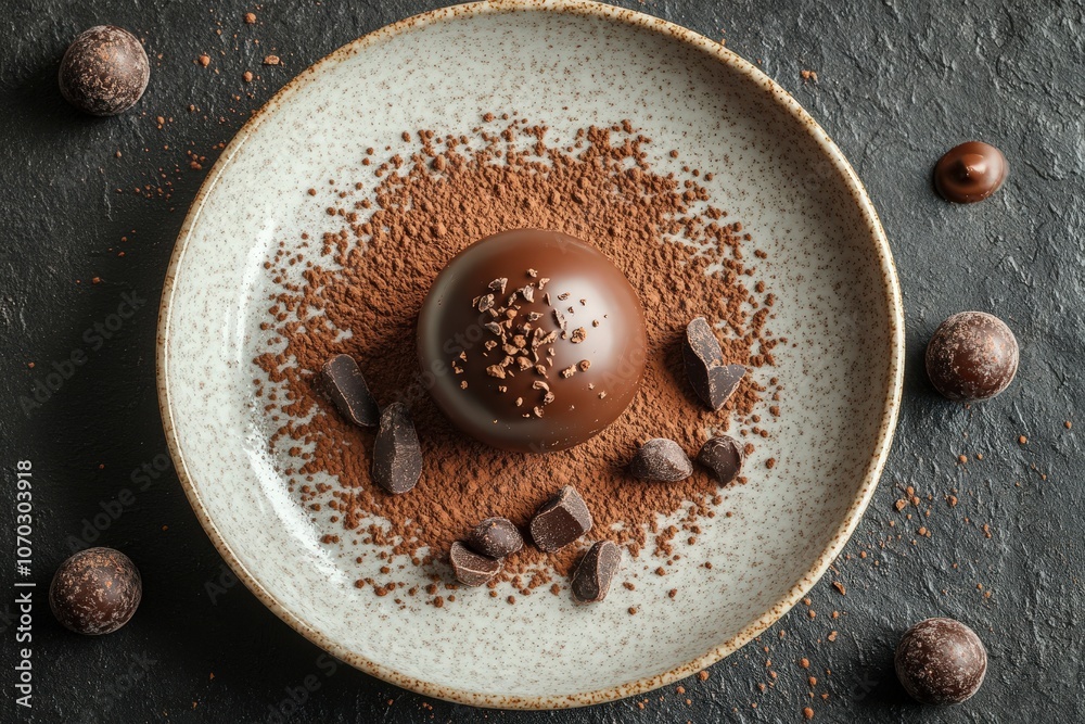 The gourmet chocolate dessert sits elegantly on a plate, surrounded by a sprinkle of cocoa powder and scattered chocolate pieces, showcasing its rich texture and inviting presentation.