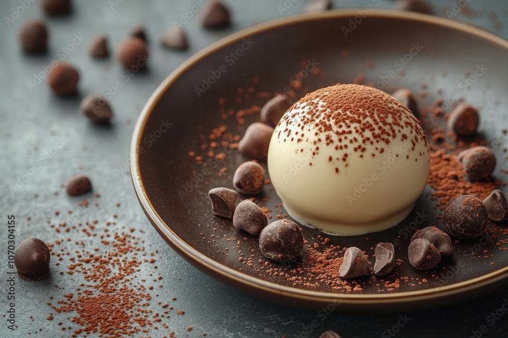 A delectable gourmet chocolate dessert sits on a dark plate, adorned with cocoa powder and rich chocolate pieces scattered around. The arrangement highlights the craftsmanship of the treat.