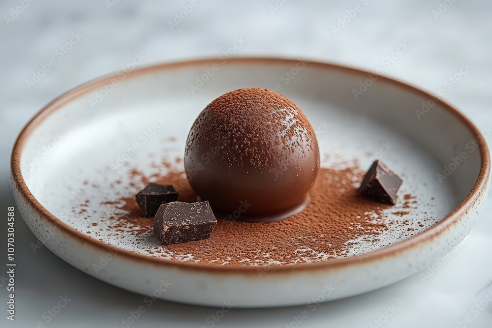 A beautifully crafted gourmet chocolate sphere sits elegantly on a plate, surrounded by cocoa powder and chunks of dark chocolate, showcasing exquisite culinary artistry.