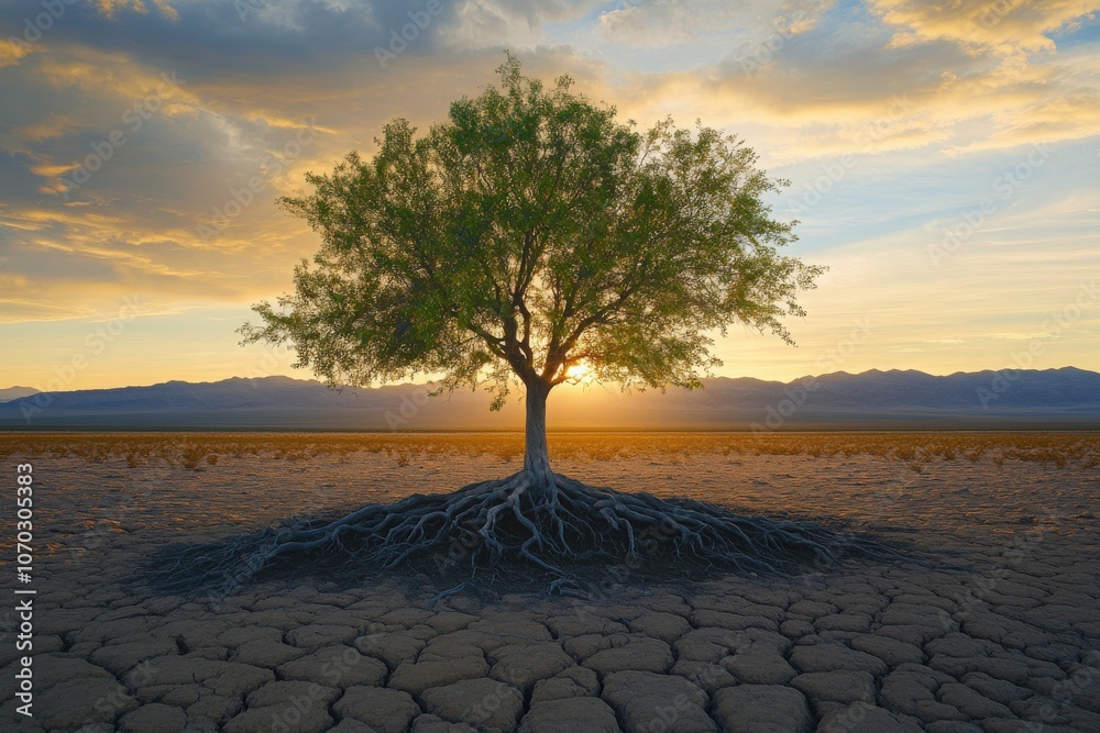 In a vast, dry desert, a lone tree stands resiliently against the harsh environment. The sun sets behind the mountains, illuminating the scene with warm hues.